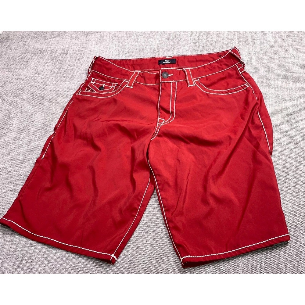 True Religion Ricky Relaxed Straight Shorts Mens 32 Red Logo Flat Front Casual